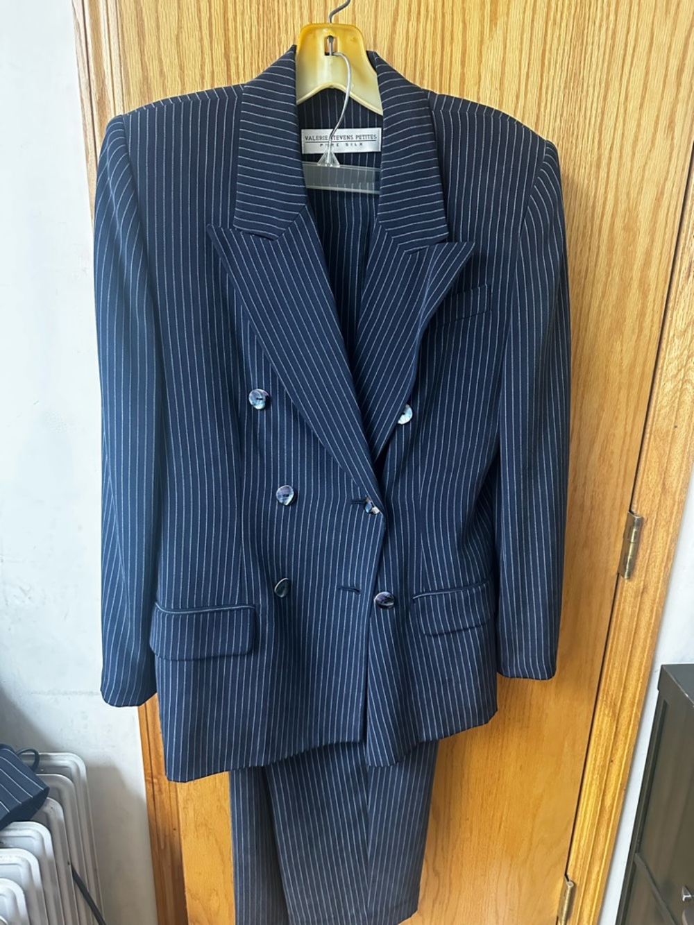 Valerie Stevens Navy Pinstripe Double-Breasted Blazer and Skirt Set